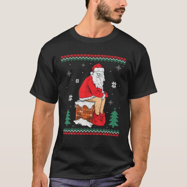 Santa Pooping Down The Chimney Ugly Sweater Christ T Shirt (Framsida)