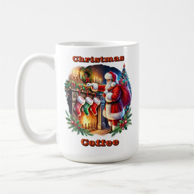 Santa Prepares Stockings by Fireplace Kaffemugg (Vänster)