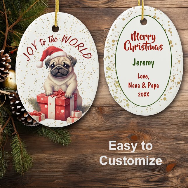 Santa Pug Hund Gift Box Joy to World Helgdag Julgransprydnad Keramik (Skapare uppladdad)