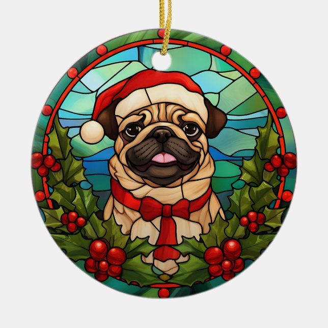 Santa Pug Hund Holly Berry God jul Julgransprydnad Keramik (Framsidan)