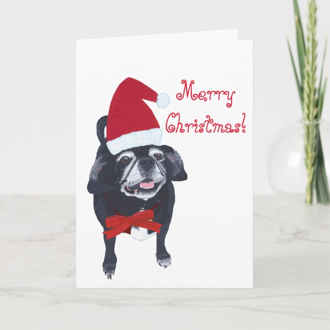 Santa Pug Hund Painting God jul-kort Helgkort (Framsida)