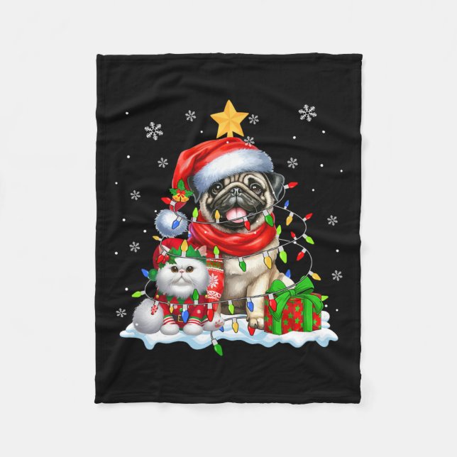 Santa Pug med Elf Cat-julen Ljus Owner Kids Fleecefilt (Framsidan)