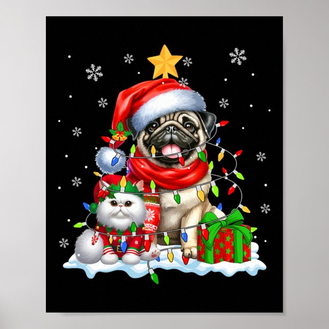 Santa Pug med Elf Cat-julen Ljus Owner Kids Poster (Framsidan)
