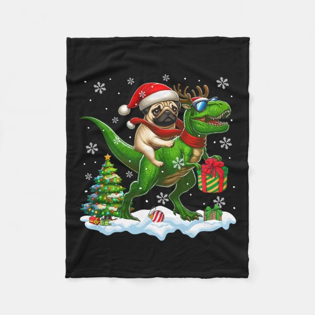 Santa Pug Riding Reindeer T-rex jul Kids Tod Fleecefilt (Framsidan)
