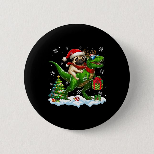 Santa Pug Riding Reindeer T-rex jul Kids Tod Knapp (Framsida)