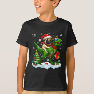 Santa Pug Riding Reindeer T-rex jul Kids Tod T Shirt