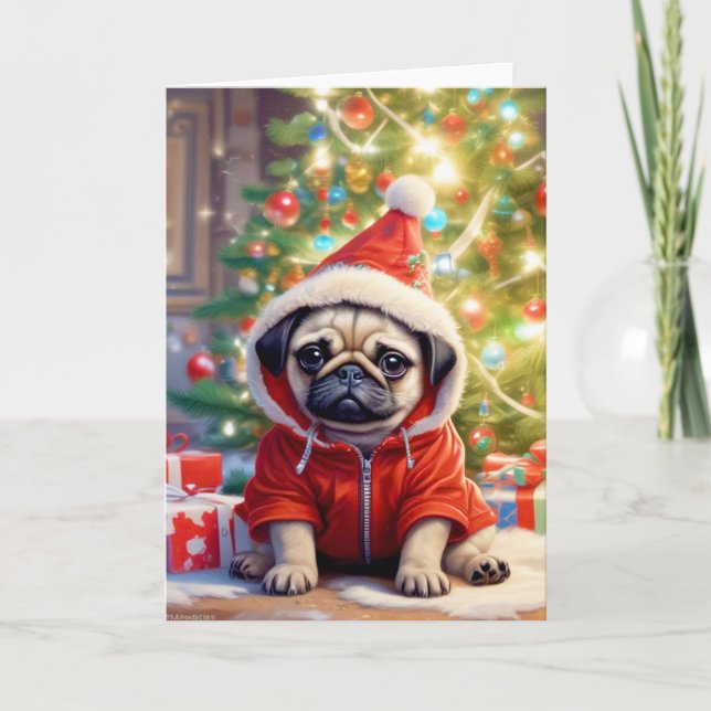 Santa Pug under julgranen Helgkort (Framsida)