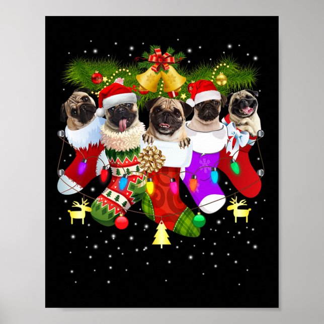Santa Pugs in jul Socks Funny Julafton Hund älskar Poster (Framsidan)