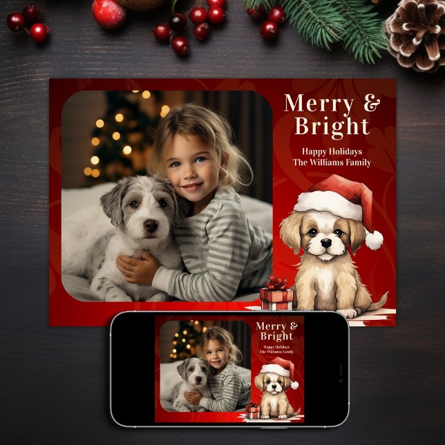Santa Puppy Merry och Bright Photo Hund jul Julkort (Printed and Digital - Santa Puppy Merry and Bright Photo Dog Christmas Holiday Card)