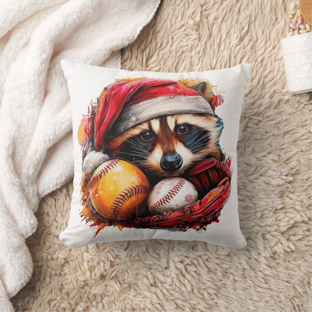 Santa Raccoon & Baseballs Holiday Throw Pillow  Kudde (Filt)
