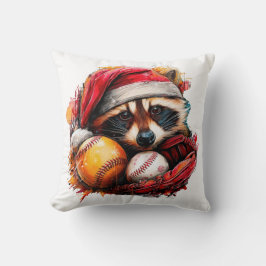 Santa Raccoon & Baseballs Holiday Throw Pillow Kudde