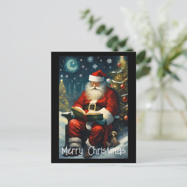 Santa Reading Bok Julgran Vykort (Stående Fram)
