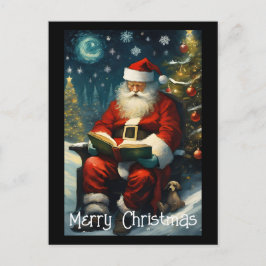 Santa Reading Bok Julgran Vykort