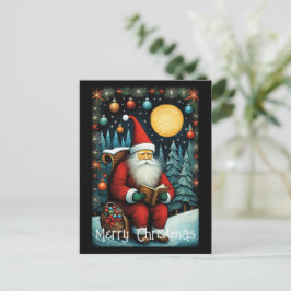 Santa Reading Bok Snowy Night Julgran Vykort