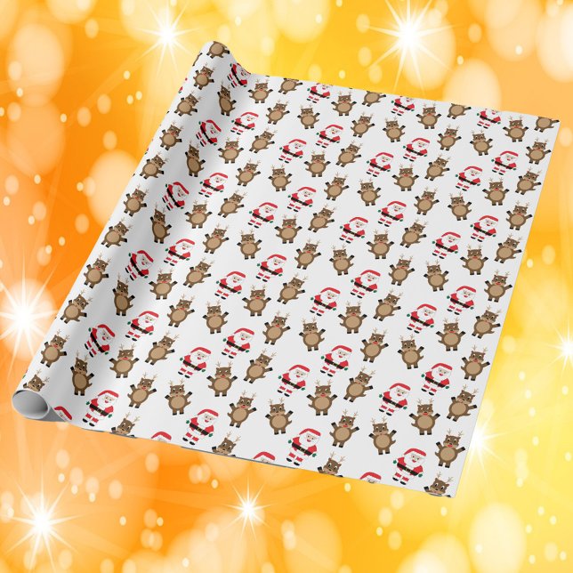 Santa Red Reindeer White Background Mönster Presentpapper (Wrapping paper with a pattern of Santa and reindeer.)