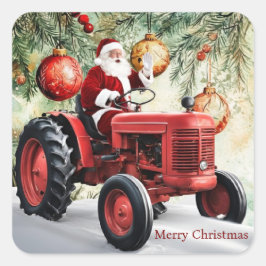 Santa Red Tractor Vintage Farm jul Fyrkantigt Klistermärke