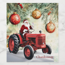 Santa Red Tractor Vintage Farm jul Vinflaska Etikett