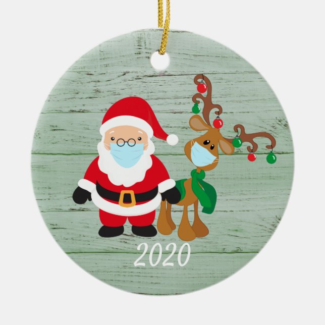 Santa Reindeer 2020 Ansikte mask Covid Wood Julgransprydnad Keramik (Framsidan)