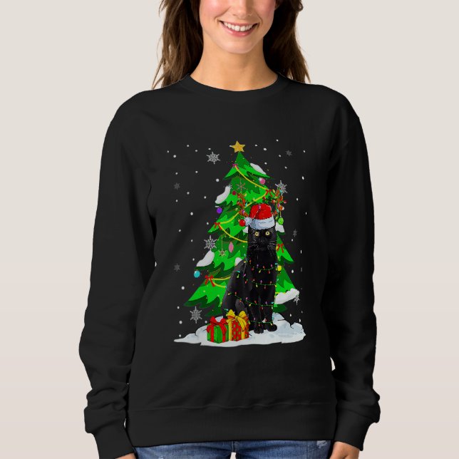 Santa Reindeer Black Cat Xmas Tree Lights Christma T Shirt (Framsida)