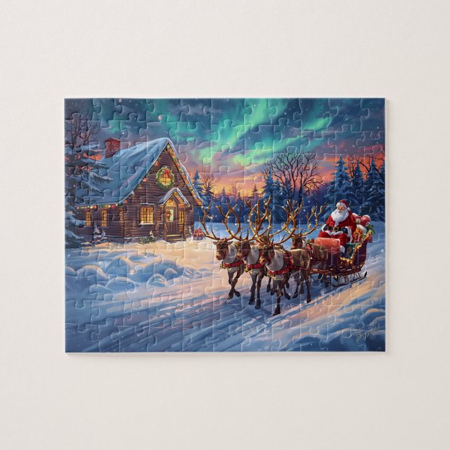 Santa Reindeer Cabin Northern Lights Christmas Pussel (Horisontell)