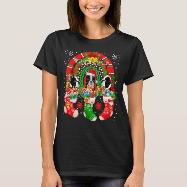 Santa Reindeer Elf Boston Terrier Hundar i Julafto T Shirt (Framsida)