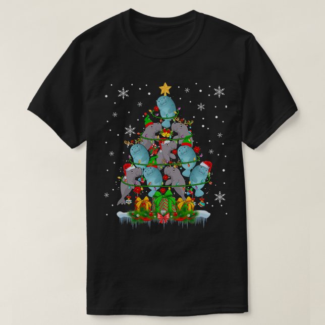 Santa Reindeer Elf Manatees Julgran Ljus T Shirt (Design framsida)
