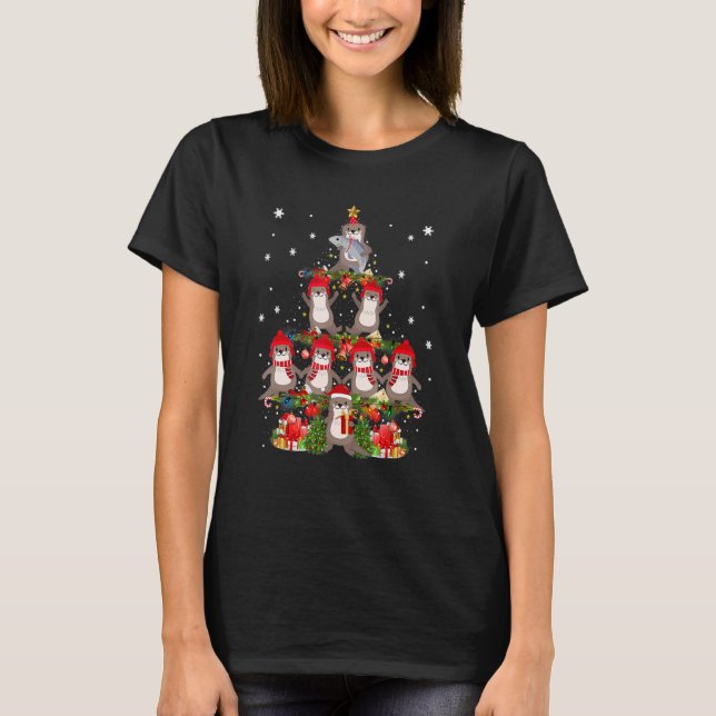 Santa Reindeer Elf Otters Christmas Tree Lights An T Shirt (Framsida)