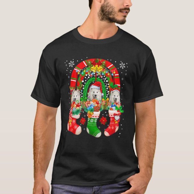 Santa Reindeer Elf Samoyed Hundar i julklapp T Shirt (Framsida)