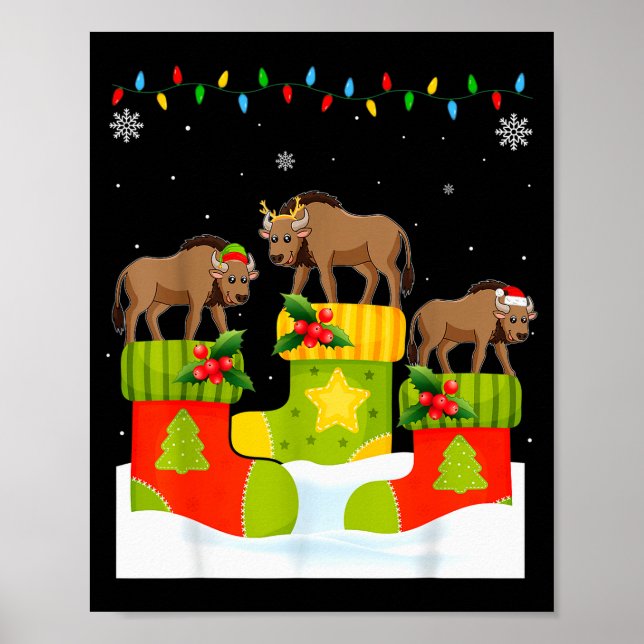 Santa Reindeer Elf Wildebeest In Christmas Socks U Poster (Framsidan)