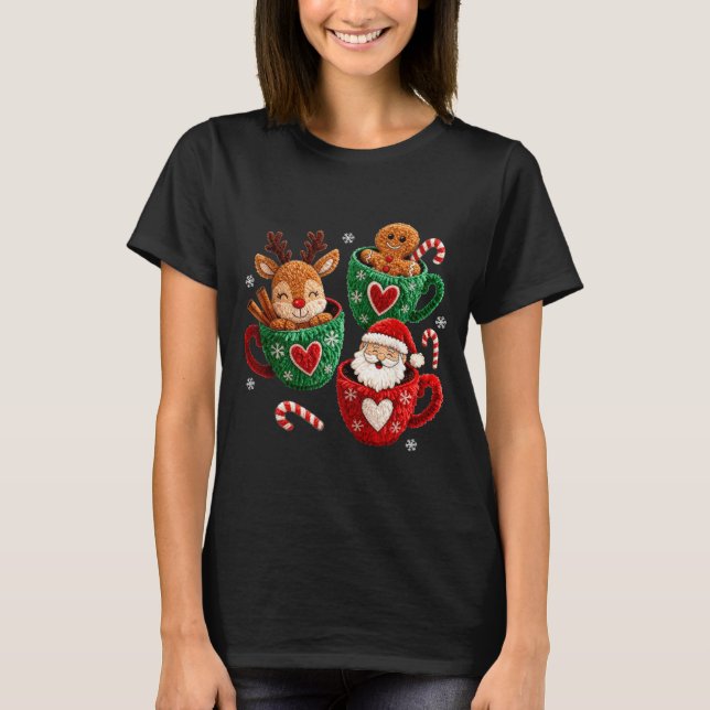 Santa Reindeer Gingerbread Faux Yarn Christmas  T Shirt (Framsida)
