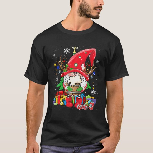 Santa Reindeer Gnome Drinking Beer Funny Christmas T Shirt (Framsida)