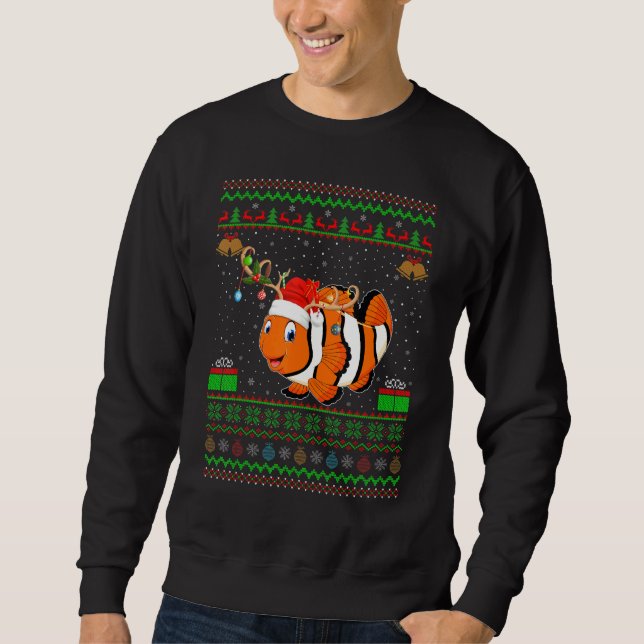 Santa Reindeer Hat Matching Ugly Clown Fish Kristu Lång Ärmad Tröja (Framsida)
