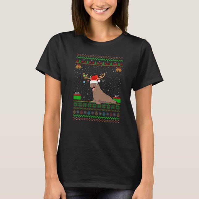 Santa Reindeer Hat Matching Ugly Elephant Seal Chr T Shirt (Framsida)