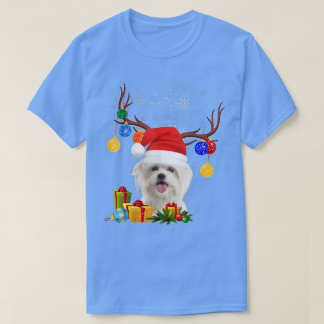 Santa Reindeer Maltesisk Hund jul Ljus Julafton T Shirt (Design framsida)