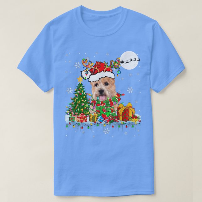 Santa Reindeer Norwich Terrier Julafton Träd Ljus  T Shirt (Design framsida)