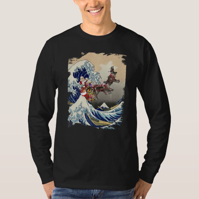 Santa Reindeer Over Great Wave Christmas T Shirt (Framsida)