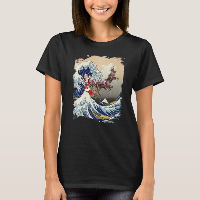 Santa Reindeer Over Great Wave Christmas T Shirt (Framsida)