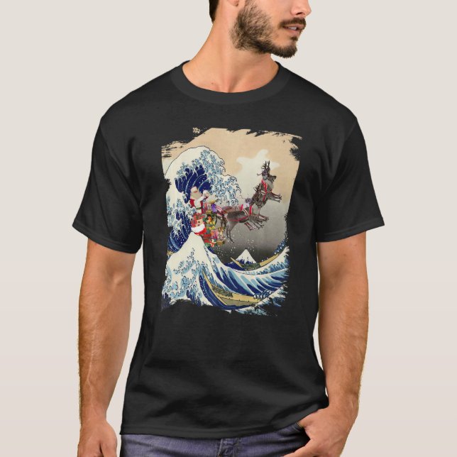 Santa Reindeer Over Great Wave Christmas T Shirt (Framsida)