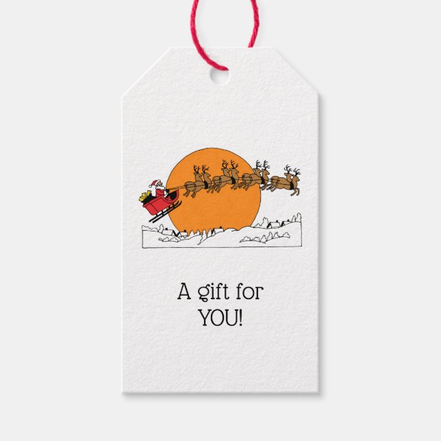 Santa Reindeer över Snö täckte Town Måne Presentetikett (Framsidan)