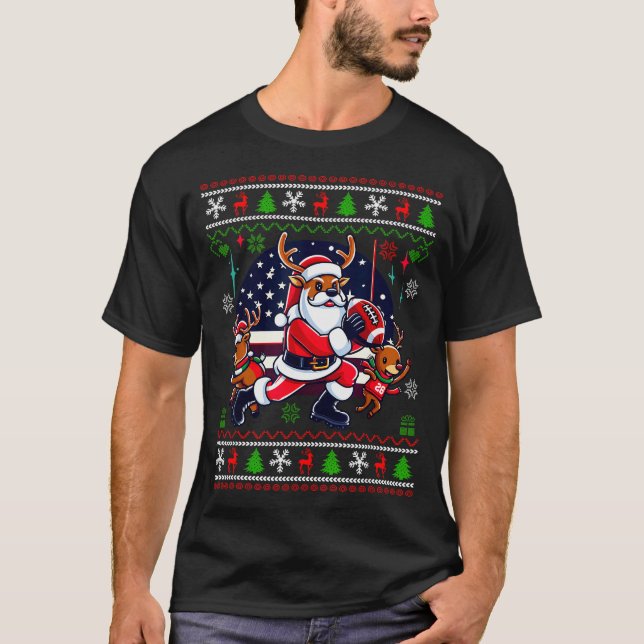 Santa Reindeer Play American Football Ugly Christm T Shirt (Framsida)
