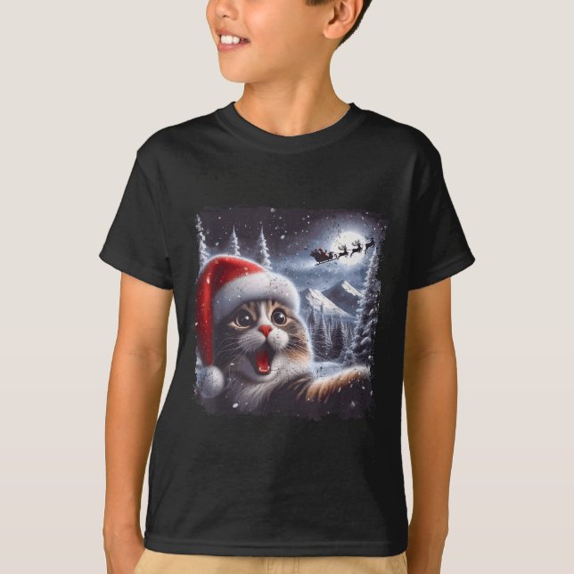 Santa Reindeer Selfie Cat Funny Christmas Tee  (Framsida)