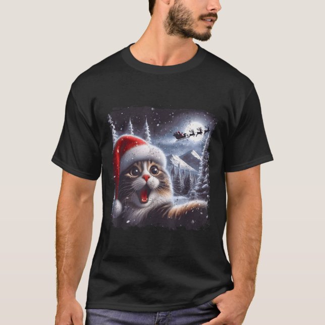 Santa Reindeer Selfie Cat Funny Christmas Tee  (Framsida)