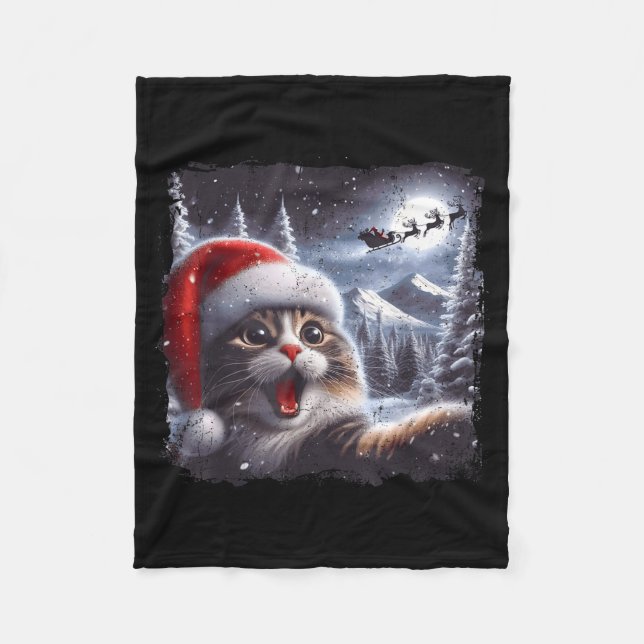 Santa Reindeer Selfie Cat Funny Christmas Tee  Fleecefilt (Framsidan)