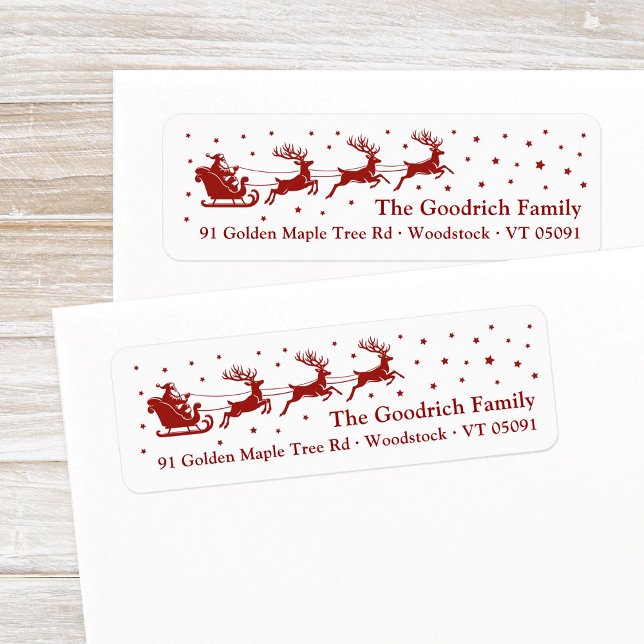 Santa Reindeer Sleigh Red Jul Returadress Etikett (Festive, antique gold Santa's reindeer sleigh in a starry sky Christmas return address label.)