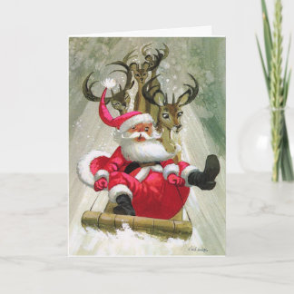 Santa & Reindeer Sleigh Riding Modern Vintage Holi Kort
