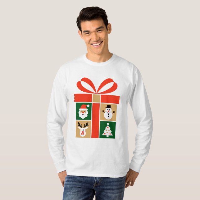 Santa, Reindeer, Snowman & Tree Art T Shirt (Hel framsida)