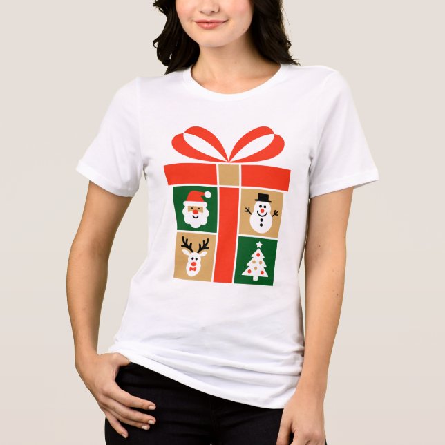 Santa, Reindeer, Snowman & Tree Art T Shirt (Framsida)