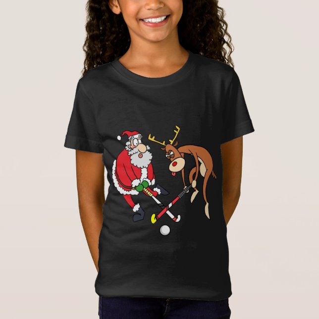 Santa Reindeer spelar Fält Hockey Player Julafton  T Shirt (Framsida)