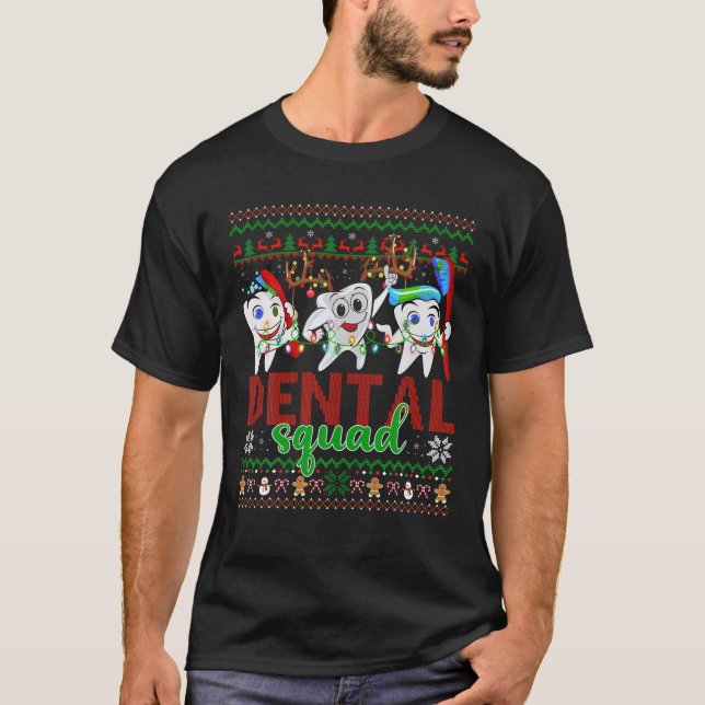 Santa Reindeer Ugly Sweater Teeth Dental Square Ch T Shirt (Framsida)