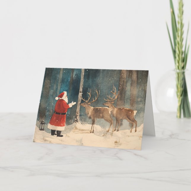 Santa Reindeer Vintage jul Helgkort (Framsida)